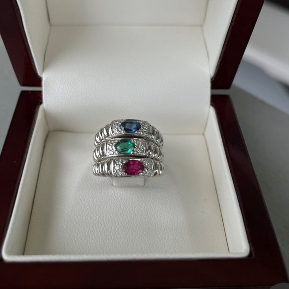 PEPI  14k White Gold Trio with Diamonds Ruby Sapphire and Emerald ring set - Picture 1 of 7
